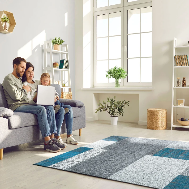Designer Kurzflor Teppich in Türkis, Grau und Weiß mit Kachel-Optik Wohnzimmer