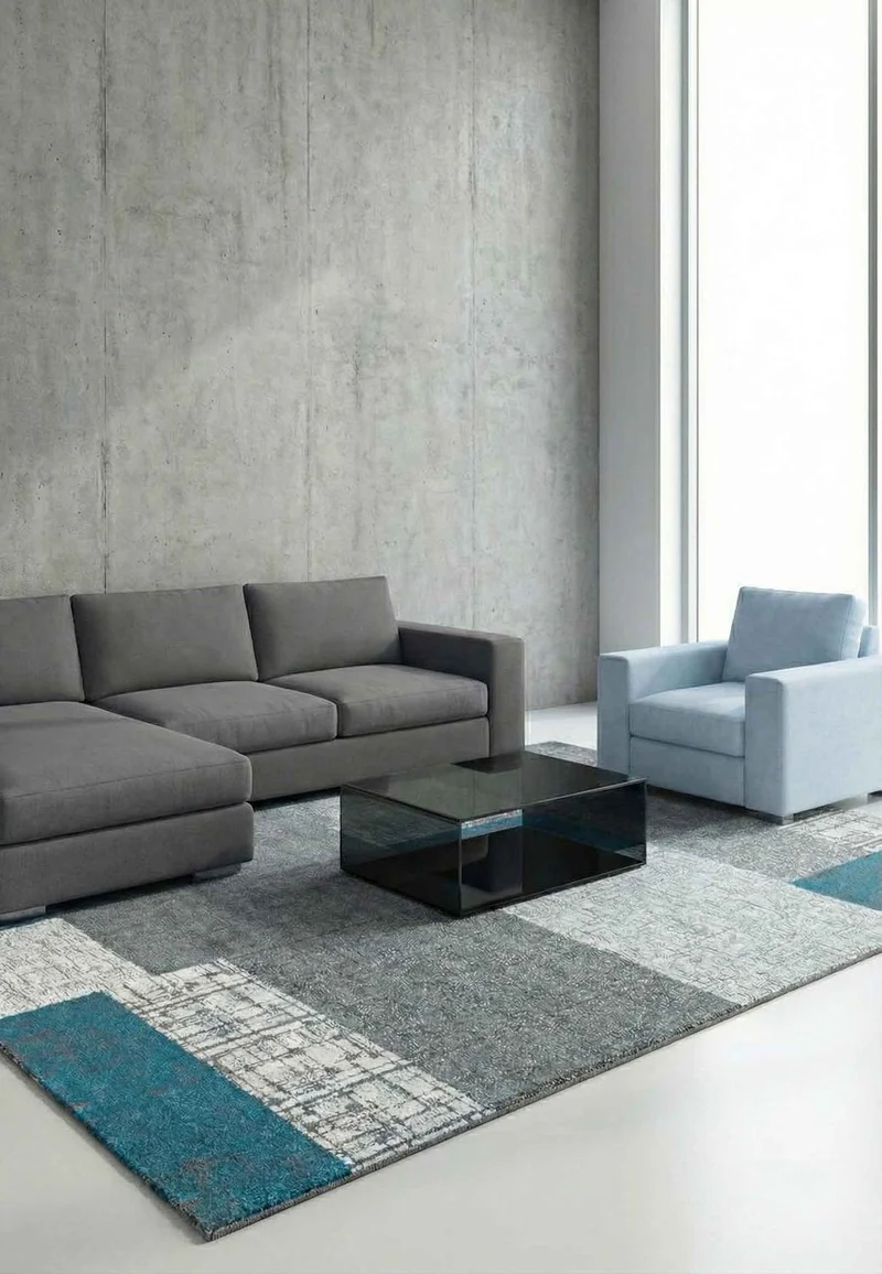 Designer Kurzflor Teppich in Türkis, Grau und Weiß mit Kachel-Optik Wohnzimmer