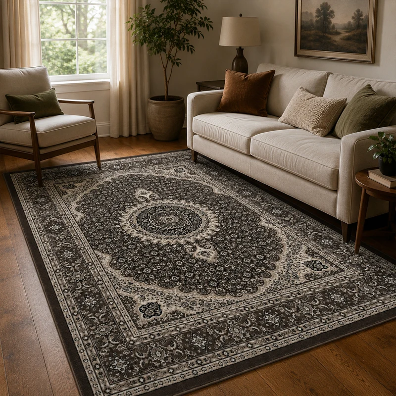 Teppich Wohnzimmer Orient Stil Ornament Bordüre Braun Beige