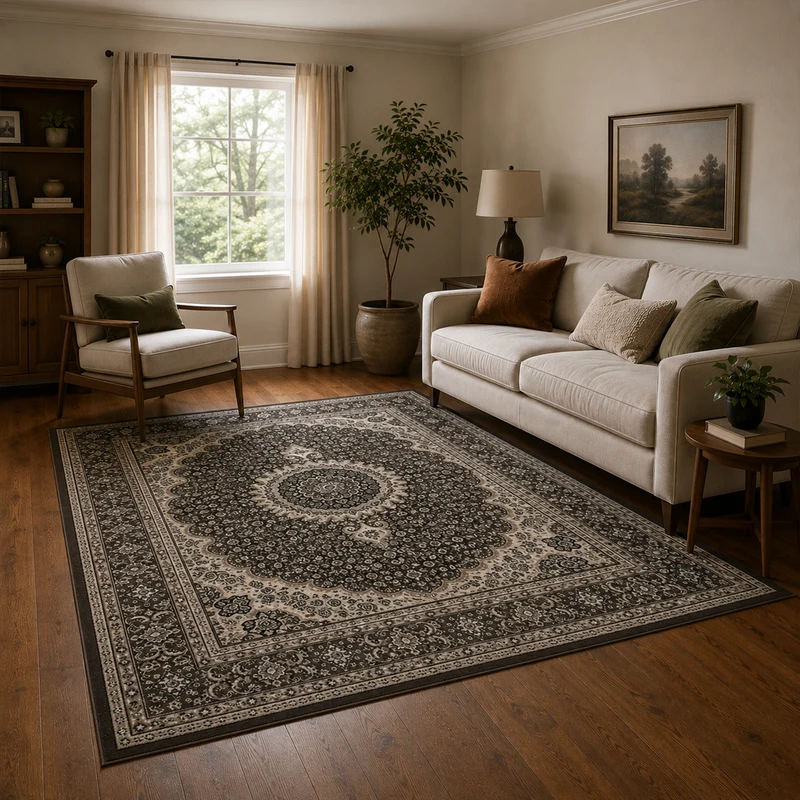 Teppich Wohnzimmer Orient Stil Ornament Bordüre Braun Beige