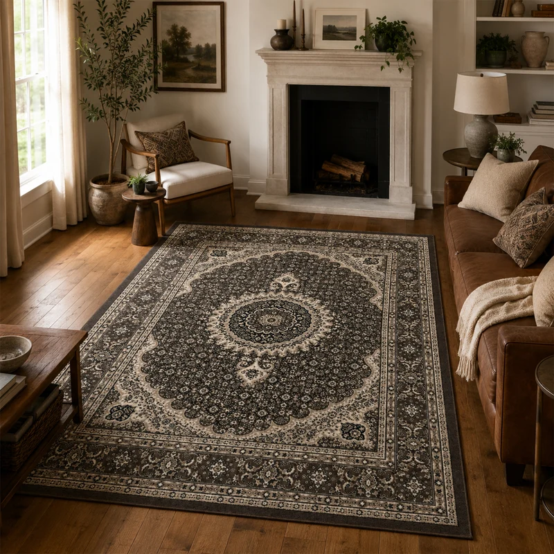 Teppich Wohnzimmer Orient Stil Ornament Bordüre Braun Beige