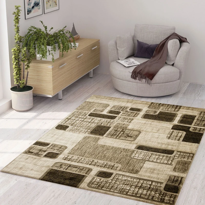 Teppich Kurzflor Modern Kariert Retro geometrisches Muster Meliert Braun Beige für Wohnzimmer, Schlafzimmer