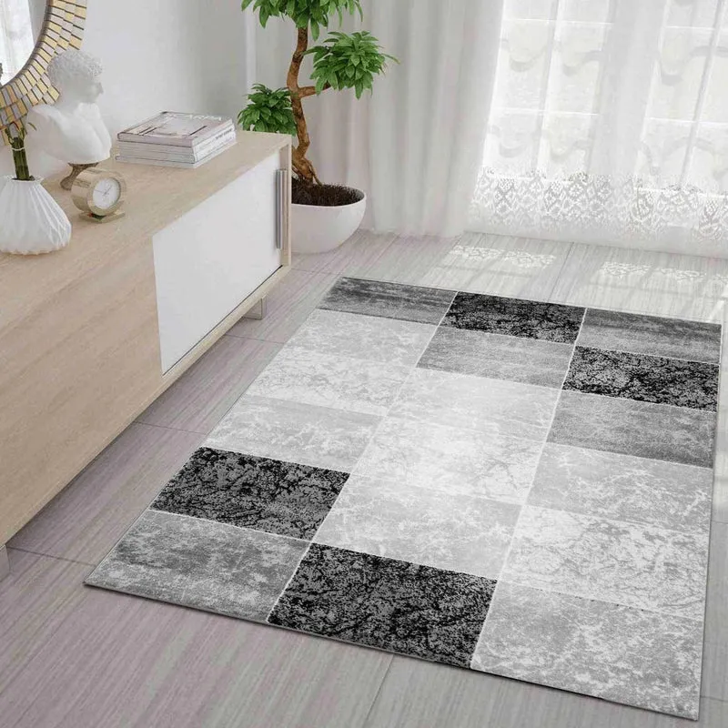 Teppich Kurzflor Modern Kariert Marmor Muster Meliert in Grau Schwarz Weiss für Wohnzimmer, schlafzimmer, kinderzimmer