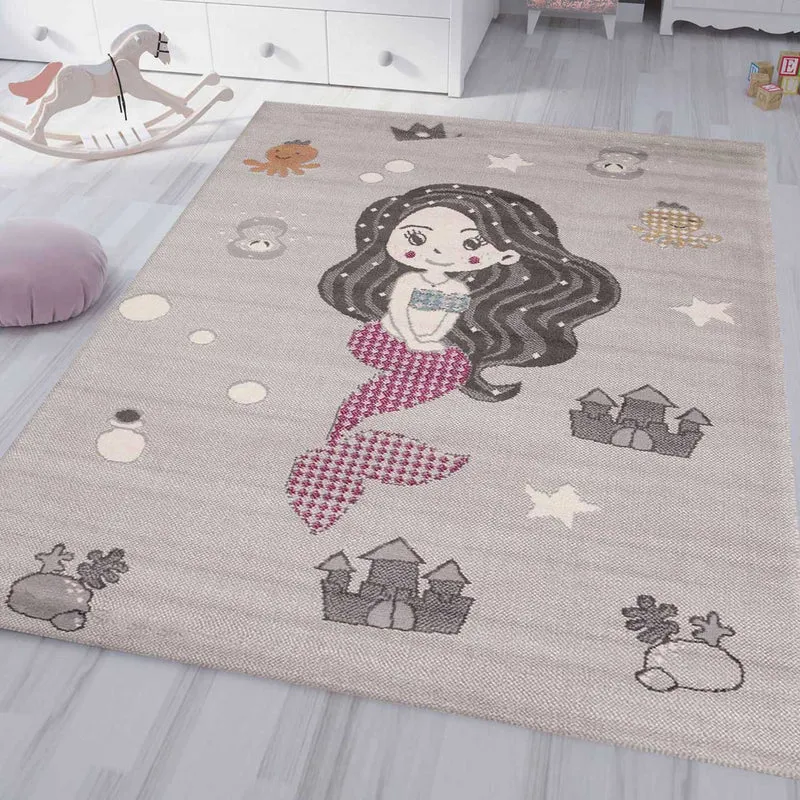 Kinderteppich Kinderzimmer Teppich Meerjungfrau Kurzflor Baby Grau Rosa