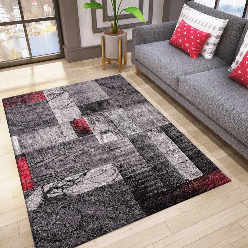 Designer Teppich Wohnzimmer Inneneinrichtung Modern Marmor Rot Optik Teppich Friseé