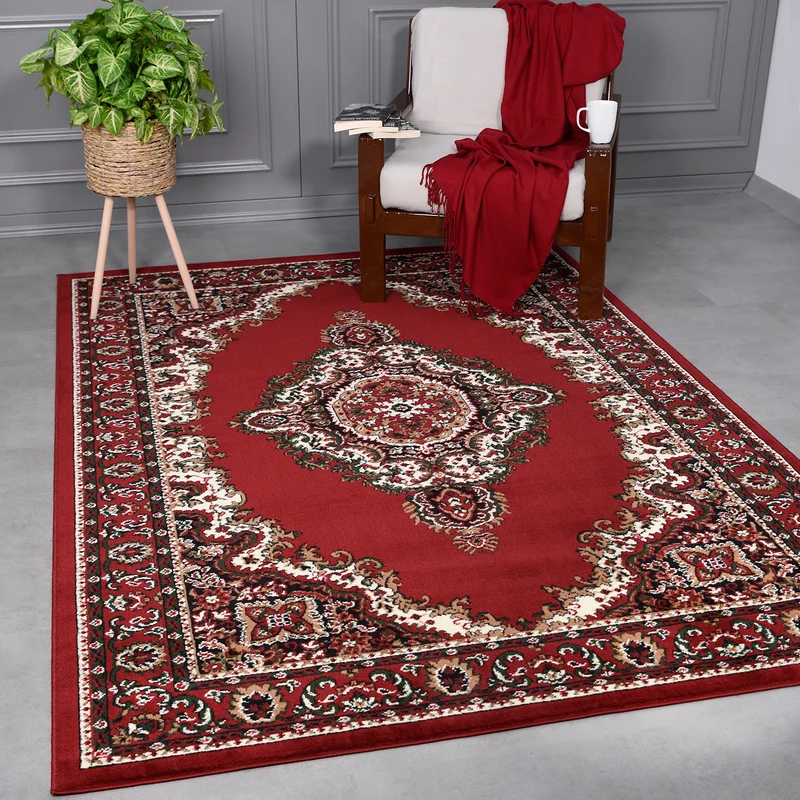 Teppich Orientalisch Muster kurzflor Klassisch Wohnzimmer, Esszimer, Flur- Beige Rot