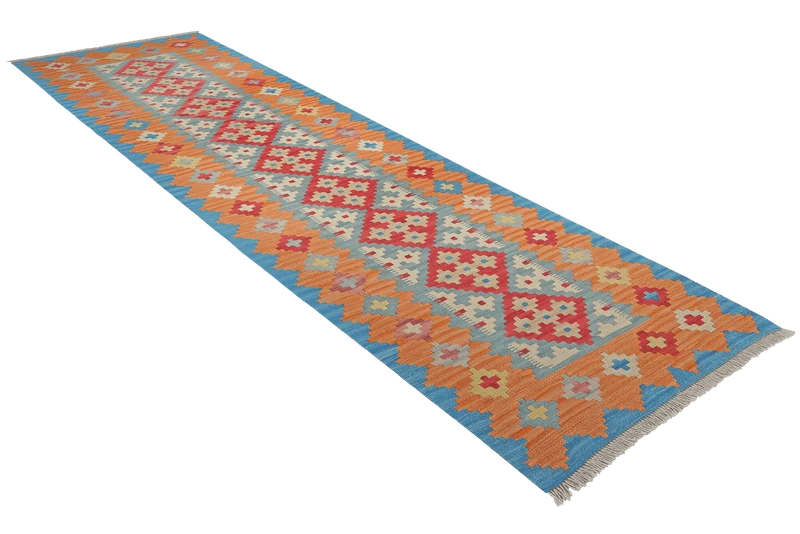 Kelim Gashgai · Handgewebt – Blau, 293x79 cm