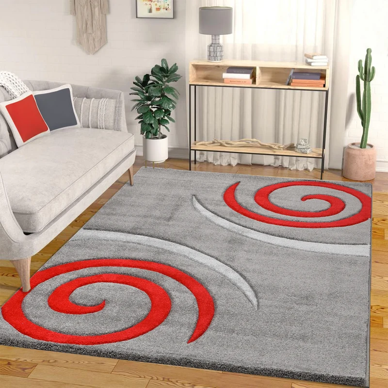 Teppich Kurzflor spiral zeichnung dicht gewebt dick und weiche Oberfläche Grau Rot Konturenschnitt aus Hand für Wohnzimmer, Schlafzimmer, küche