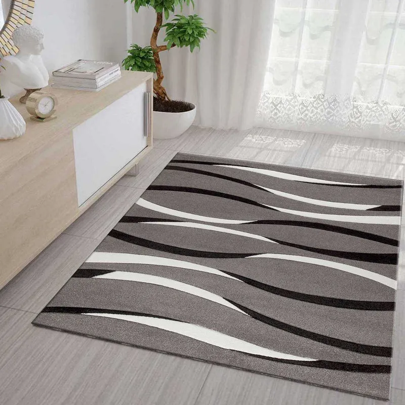 Designer Teppich Geschwungene Linien Grau, Weiß und Schwarz Harmonisch