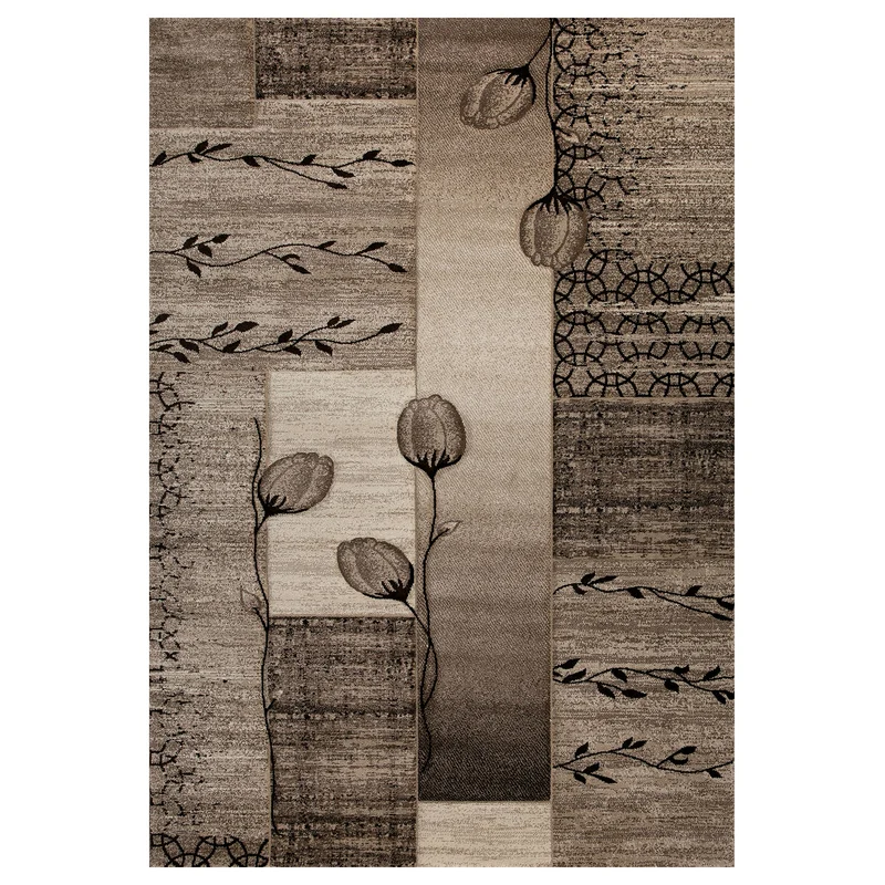 Designer Teppich Wohnzimmer Naturfarben Beige Braun mit Floralem Motiv