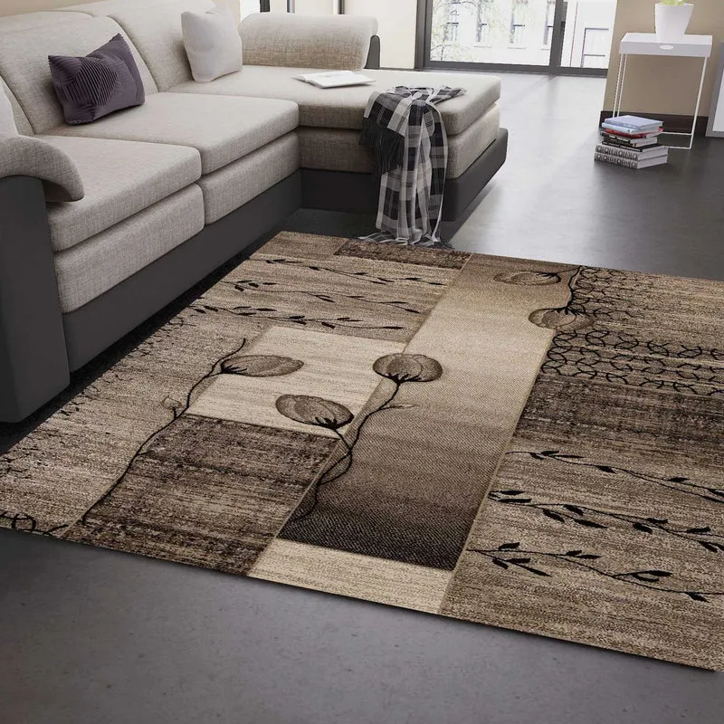 Designer Teppich Wohnzimmer Naturfarben Beige Braun mit Floralem Motiv