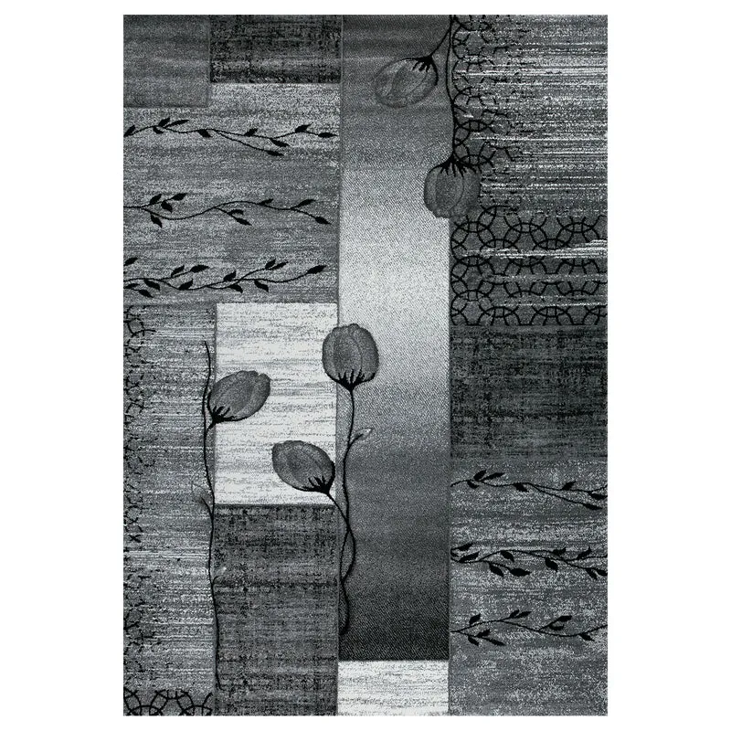 Designer Teppich Grau Schwarz Creme Blumenmotiv meliert und Konturenschnitt von Hand