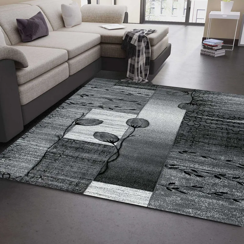 Designer Teppich Grau Schwarz Creme Blumenmotiv meliert und Konturenschnitt von Hand