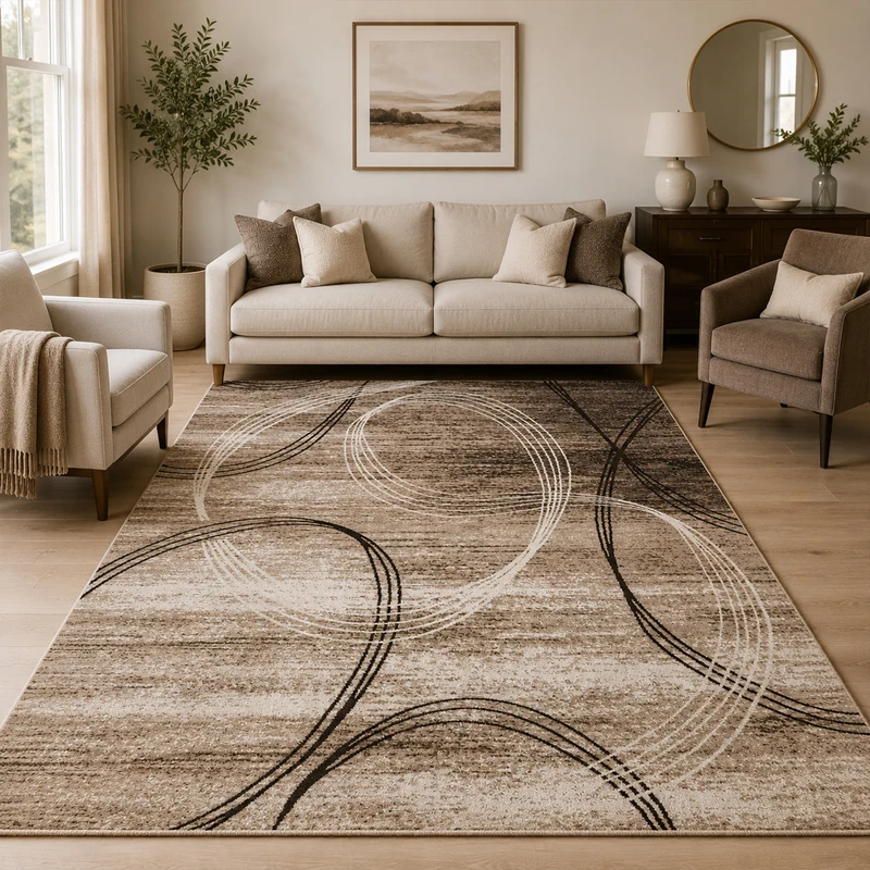 Teppich Kurzflor Modern sehr dicht gewebt Kreisel Muster Meliert in Braun Beige