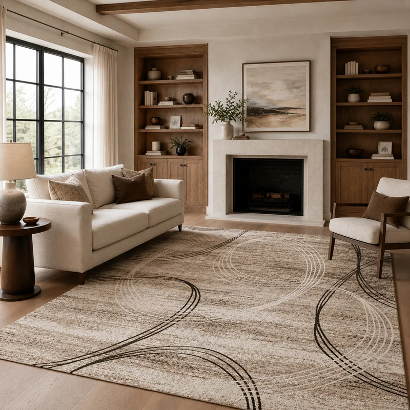 Teppich Kurzflor Modern sehr dicht gewebt Kreisel Muster Meliert in Braun Beige
