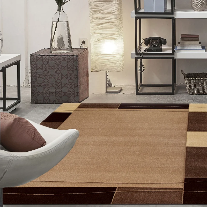 Teppich Modern Klassiker für Wohnzimmer Kurzflor dich gewebt mit Bordürenmotiv braun beige und Konturenschnitt