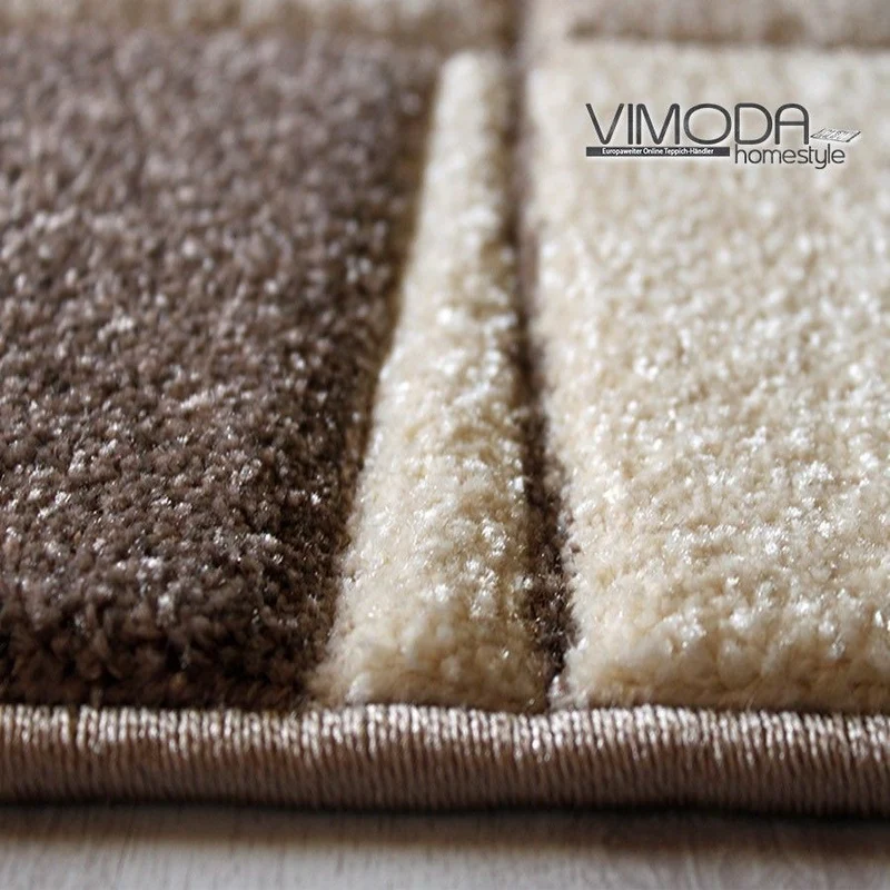 Teppich Modern Klassiker für Wohnzimmer Kurzflor dich gewebt mit Bordürenmotiv braun beige und Konturenschnitt