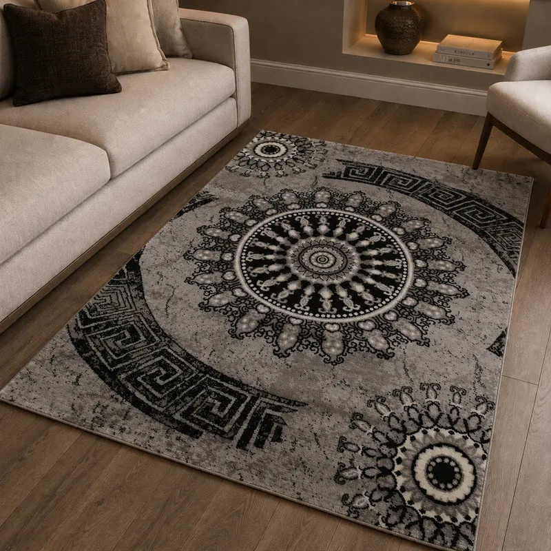 Teppich kurzflor Klassisch Orient Design Vintage Mandala Dunkelbraun Grau Anthrazit, für Wohnzimmer, Schlafzimmer