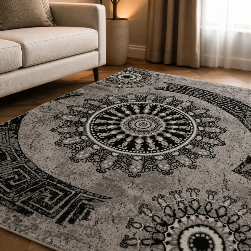 Teppich kurzflor Klassisch Orient Design Vintage Mandala Dunkelbraun Grau Anthrazit, für Wohnzimmer, Schlafzimmer