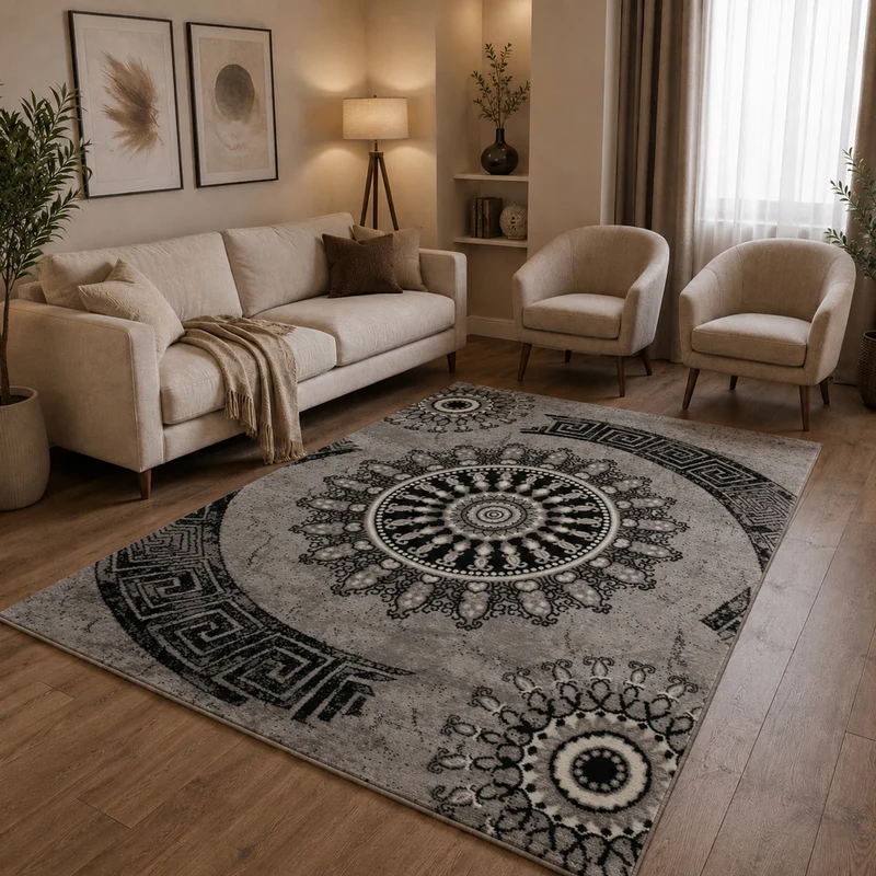 Teppich kurzflor Klassisch Orient Design Vintage Mandala Dunkelbraun Grau Anthrazit, für Wohnzimmer, Schlafzimmer