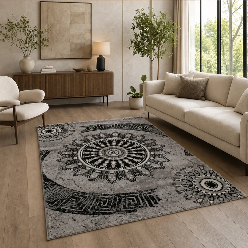 Teppich kurzflor Klassisch Orient Design Vintage Mandala Dunkelbraun Grau Anthrazit, für Wohnzimmer, Schlafzimmer