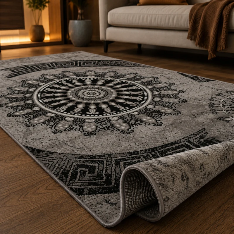 Teppich kurzflor Klassisch Orient Design Vintage Mandala Dunkelbraun Grau Anthrazit, für Wohnzimmer, Schlafzimmer