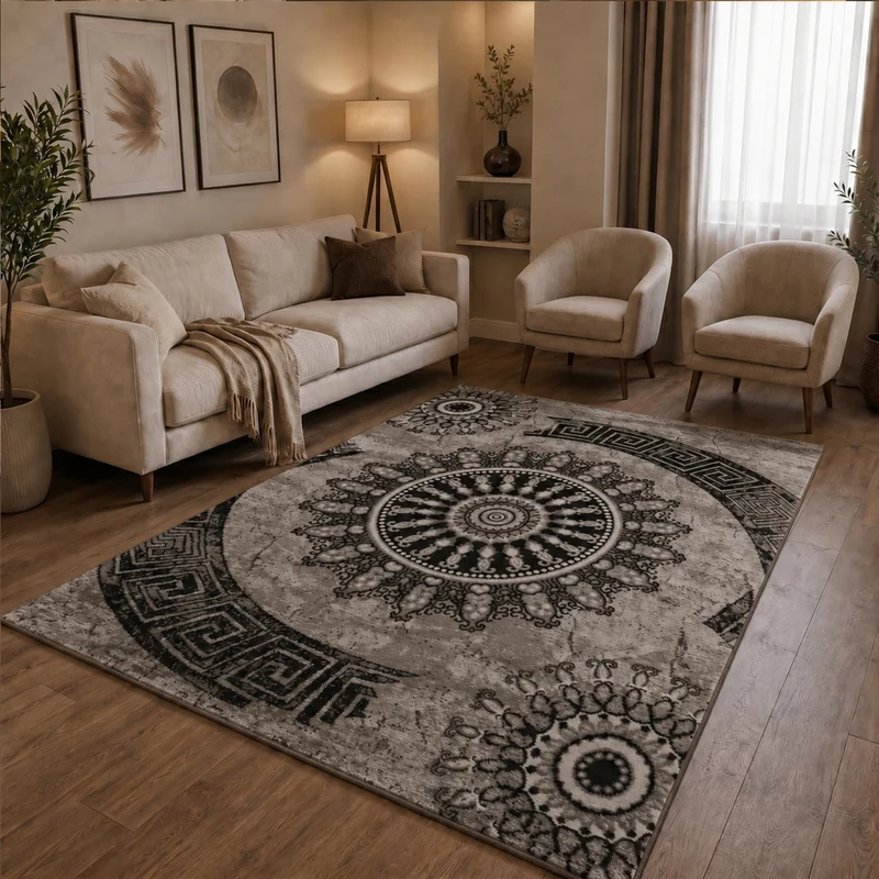 Teppich kurzflor Klassisch Orient Design Vintage Mandala Dunkelbraun Braun Beige, für Wohnzimmer, Schlafzimmer