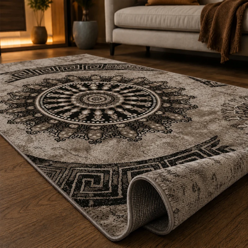 Teppich kurzflor Klassisch Orient Design Vintage Mandala Dunkelbraun Braun Beige, für Wohnzimmer, Schlafzimmer