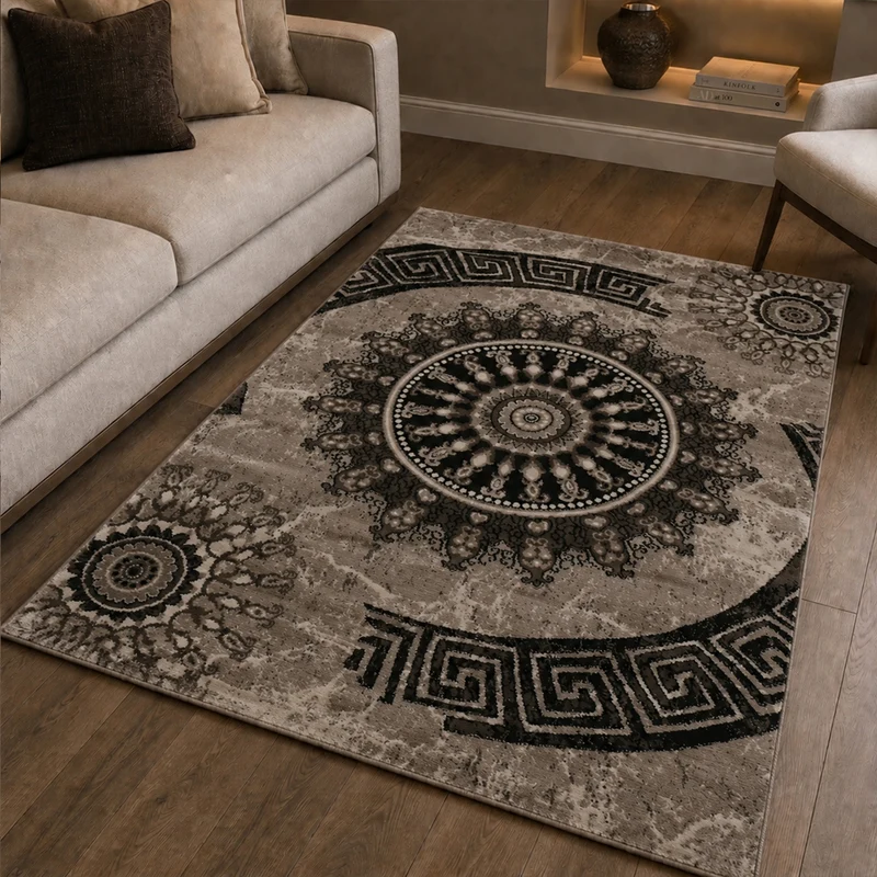 Teppich kurzflor Klassisch Orient Design Vintage Mandala Dunkelbraun Braun Beige, für Wohnzimmer, Schlafzimmer