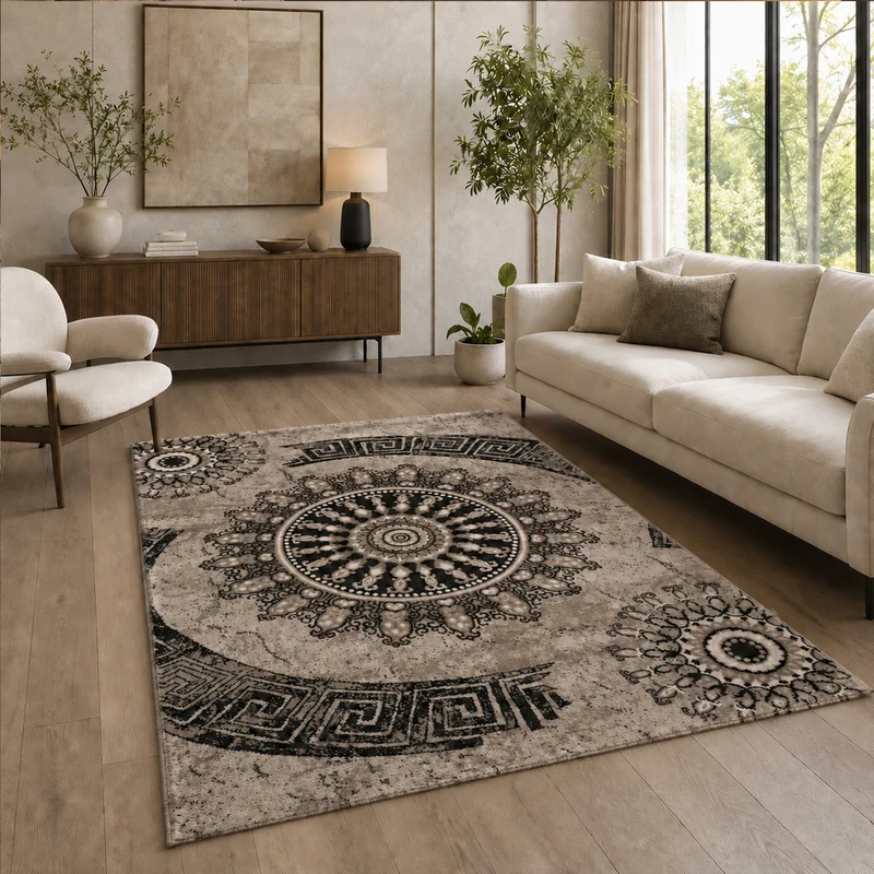 Teppich kurzflor Klassisch Orient Design Vintage Mandala Dunkelbraun Braun Beige, für Wohnzimmer, Schlafzimmer