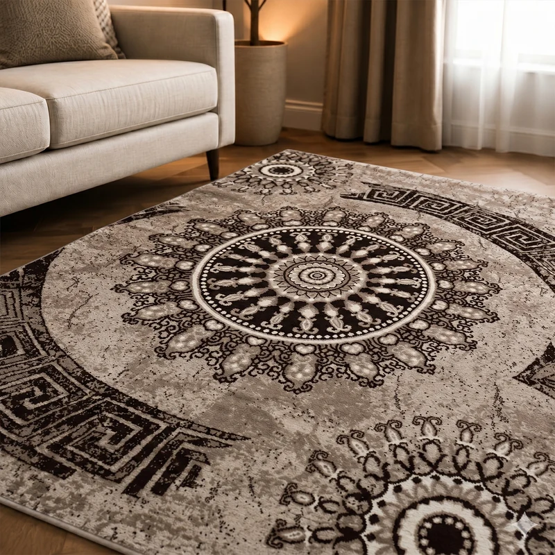 Teppich kurzflor Klassisch Orient Design Vintage Mandala Dunkelbraun Braun Beige, für Wohnzimmer, Schlafzimmer