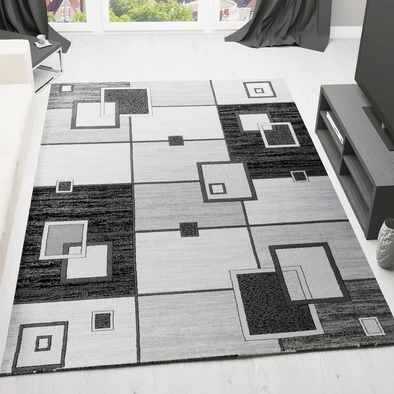 Designer Teppich Wohnzimmer Grau Anthrazit Kariert Retro mit geometrischen Motiven und Farbverlauf