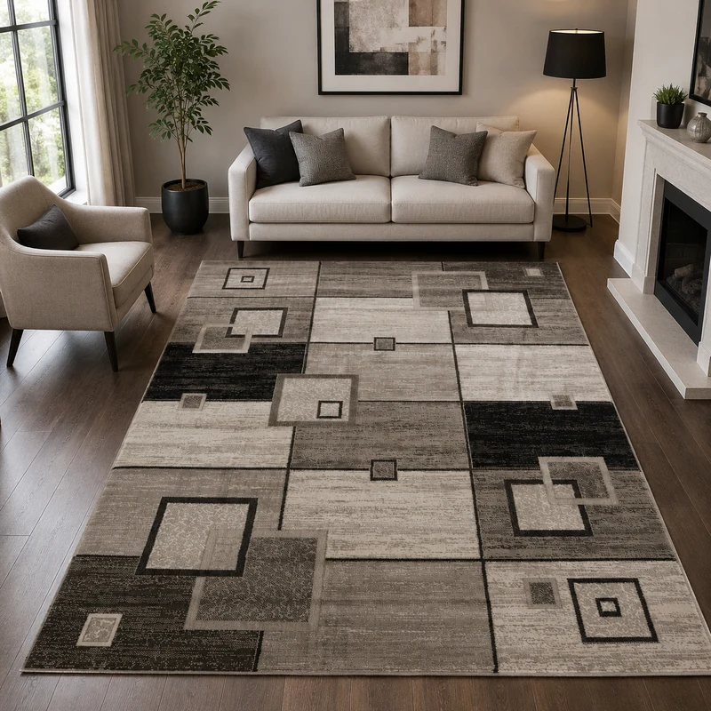 Designer Teppich Wohnzimmer Braun Beige Kariert Retro mit geometrischen Motiven und Farbverlauf