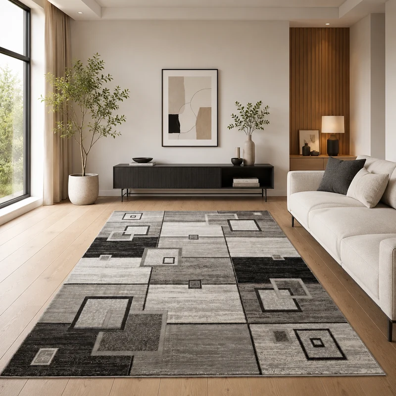 Designer Teppich Wohnzimmer Braun Beige Kariert Retro mit geometrischen Motiven und Farbverlauf