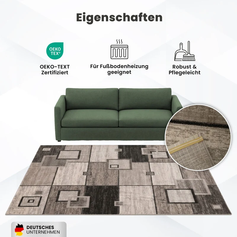 Designer Teppich Wohnzimmer Braun Beige Kariert Retro mit geometrischen Motiven und Farbverlauf