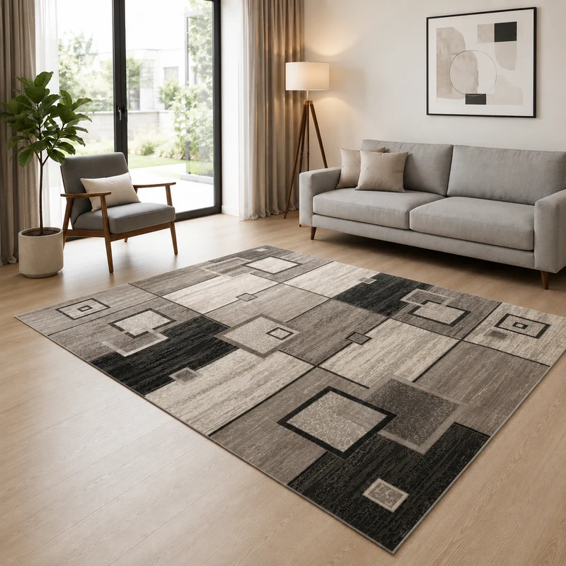 Designer Teppich Wohnzimmer Braun Beige Kariert Retro mit geometrischen Motiven und Farbverlauf
