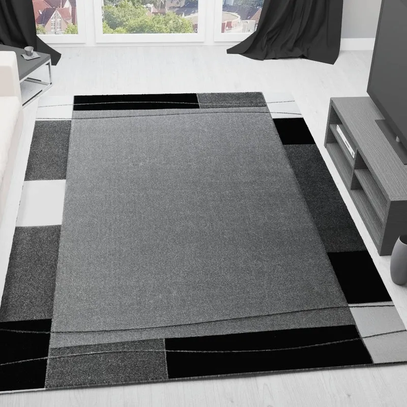 Teppich Modern Klassiker Kurzflor dicht gewebt mit Bordürenmotiv grau weiß schwarz und Konturenschnitt