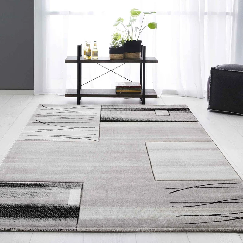 Designer Teppich Wohnzimmer Grau Kacheloptik mit Farbverlauf und Konturenschnitt