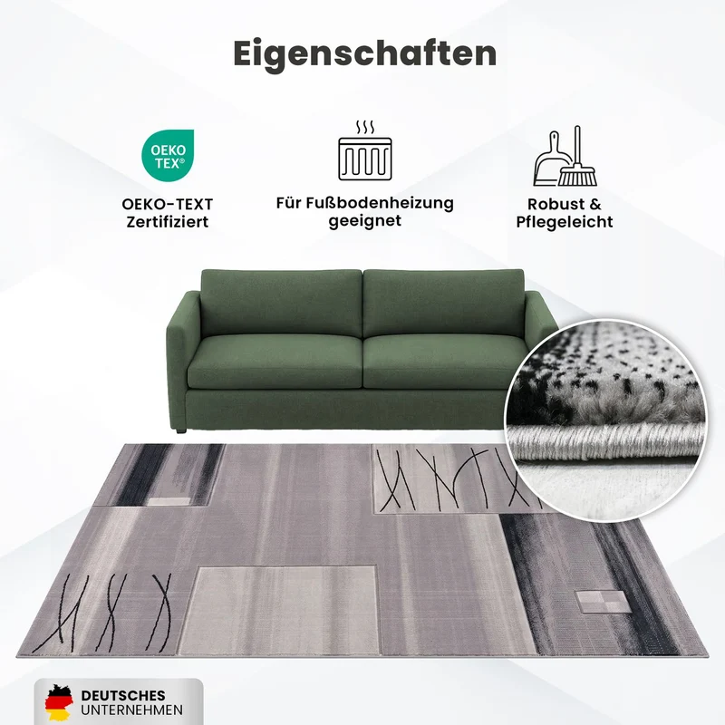 Designer Teppich Wohnzimmer Grau Kacheloptik mit Farbverlauf und Konturenschnitt