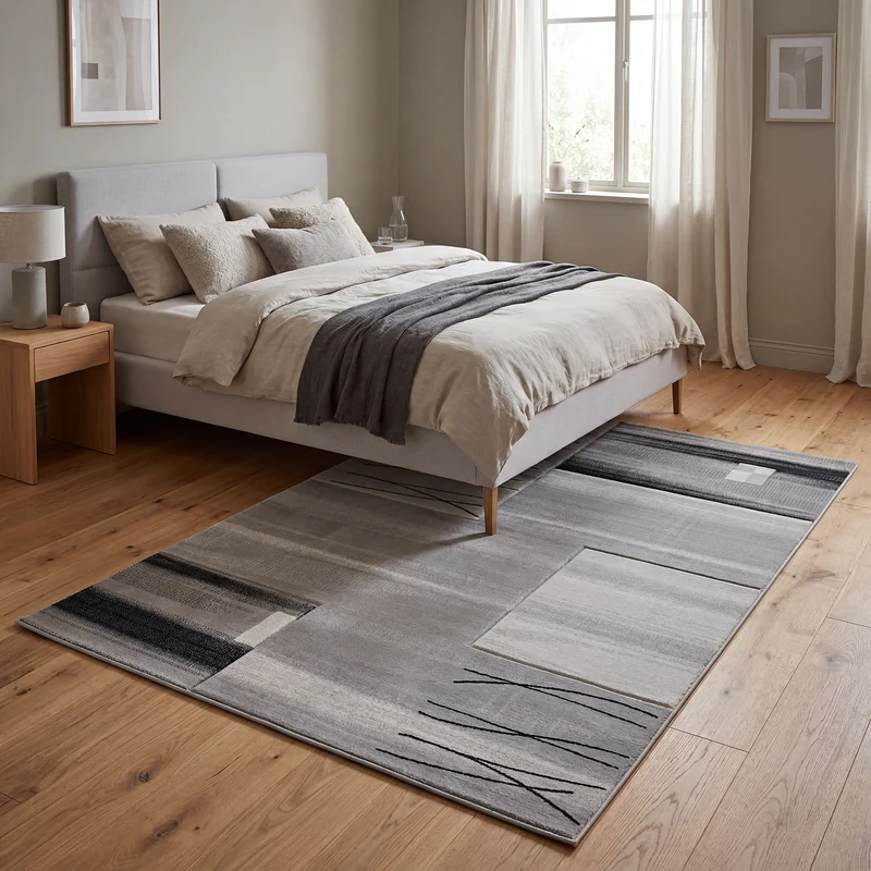 Designer Teppich Wohnzimmer Grau Kacheloptik mit Farbverlauf und Konturenschnitt