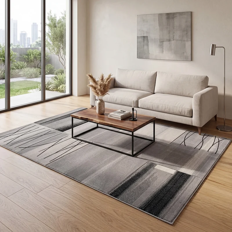 Designer Teppich Wohnzimmer Grau Kacheloptik mit Farbverlauf und Konturenschnitt