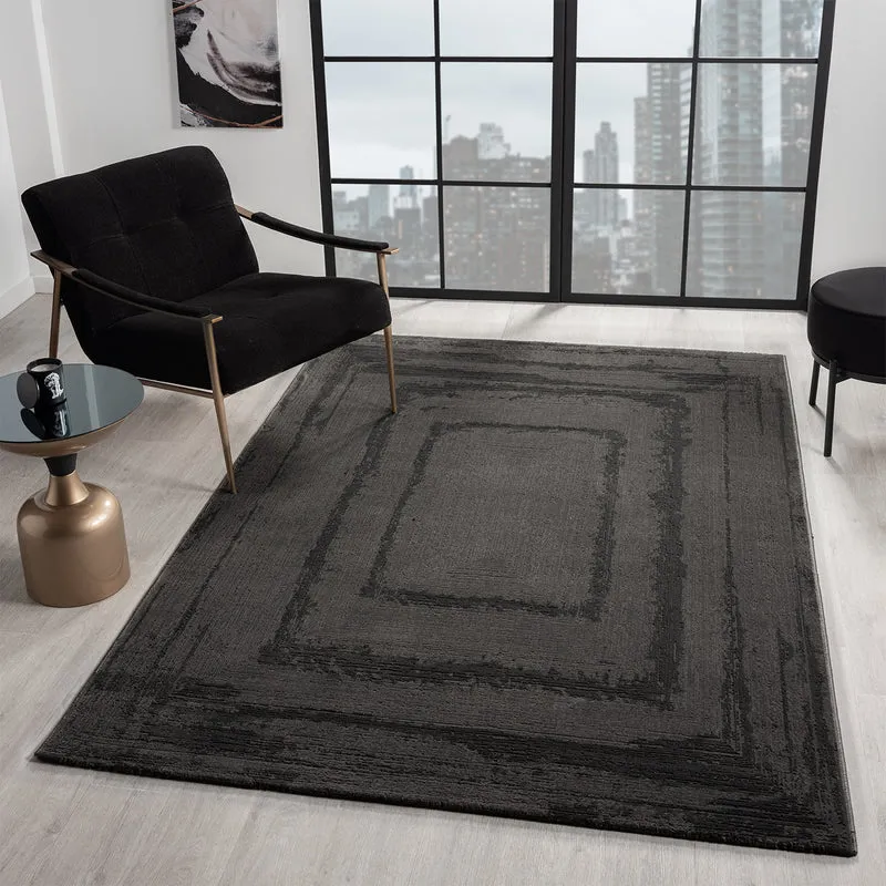 Premium Teppich Wohnzimmer Schlafzimmer Modern Hoch&Tief Bordüre – Kurzflor Teppich mit 3D Effekt