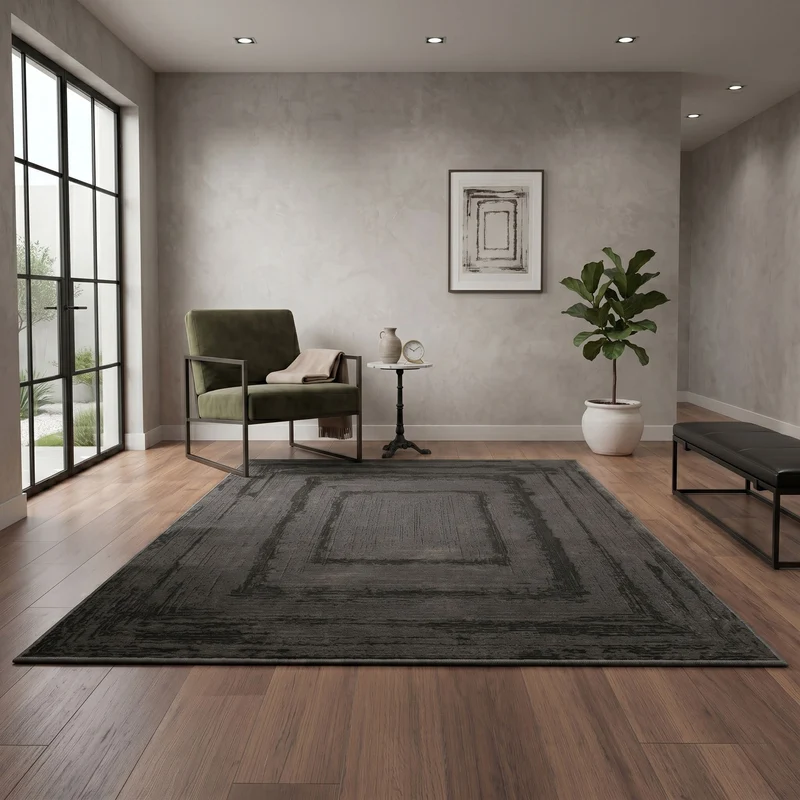 Premium Teppich Wohnzimmer Schlafzimmer Modern Hoch&Tief Bordüre – Kurzflor Teppich mit 3D Effekt