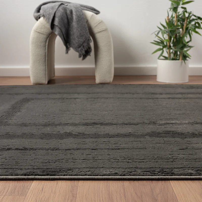 Premium Teppich Wohnzimmer Schlafzimmer Modern Hoch&Tief Bordüre – Kurzflor Teppich mit 3D Effekt