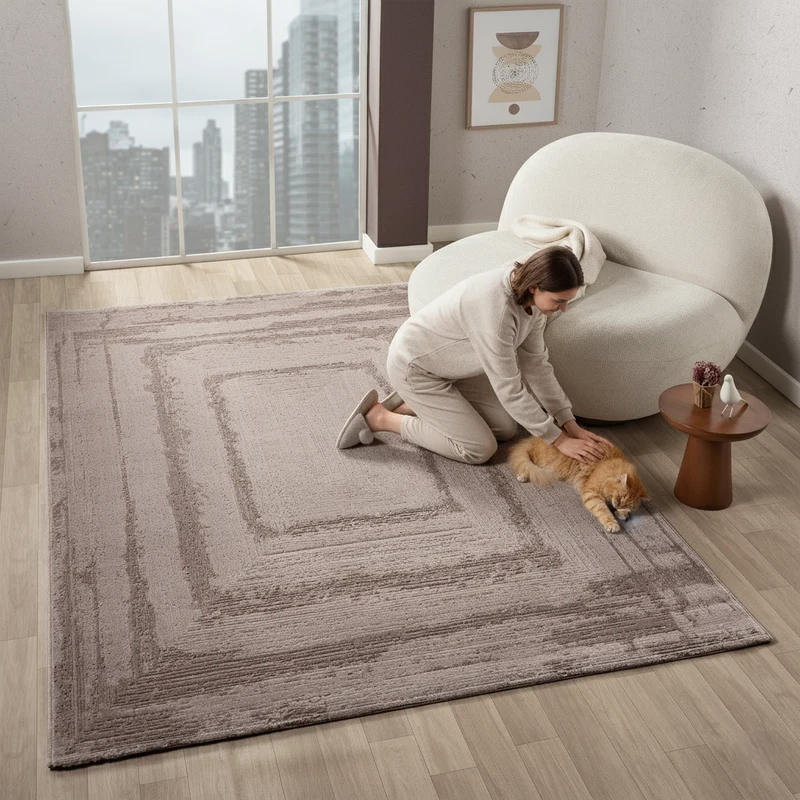 Premium Teppich Wohnzimmer Schlafzimmer Modern Hoch&Tief Bordüre – Kurzflor Teppich mit 3D Effekt