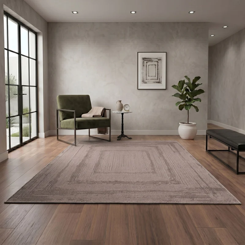 Premium Teppich Wohnzimmer Schlafzimmer Modern Hoch&Tief Bordüre – Kurzflor Teppich mit 3D Effekt