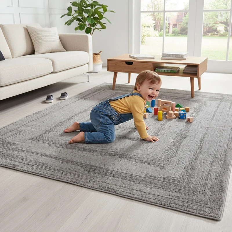 Premium Teppich Wohnzimmer Schlafzimmer Modern Hoch&Tief Bordüre – Kurzflor Teppich mit 3D Effekt