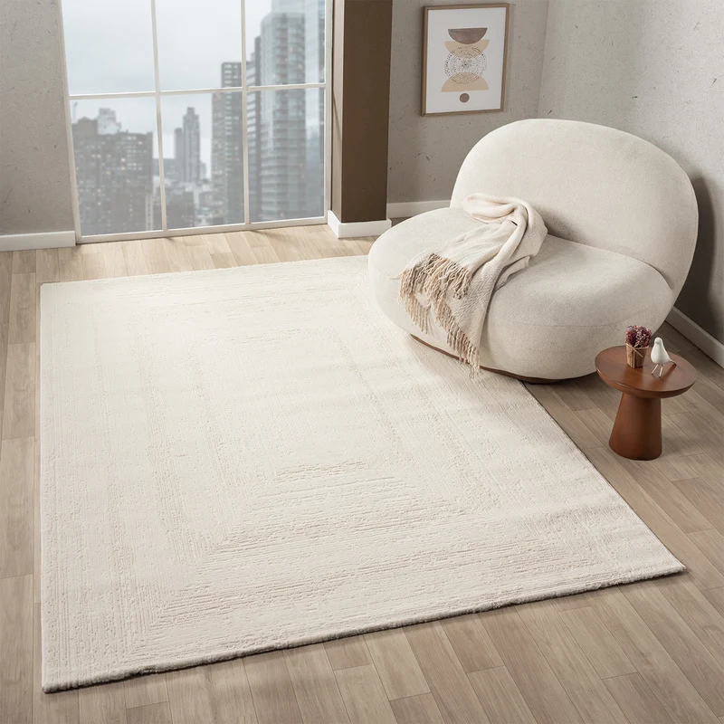 Premium Teppich Wohnzimmer Schlafzimmer Modern Hoch&Tief Bordüre – Kurzflor Teppich mit 3D Effekt
