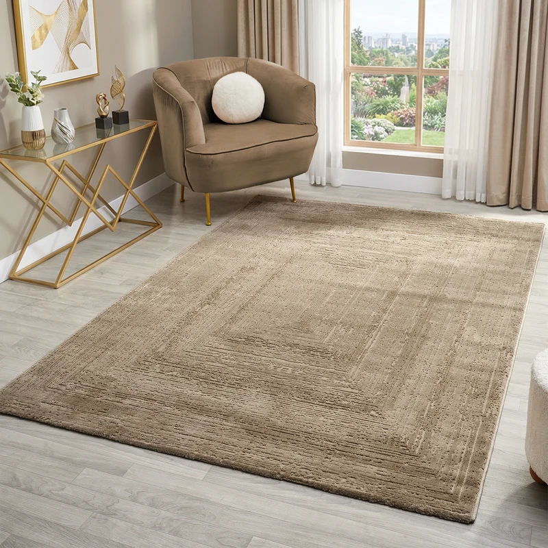 Premium Teppich Wohnzimmer Schlafzimmer Modern Hoch&Tief Bordüre – Kurzflor Teppich mit 3D Effekt