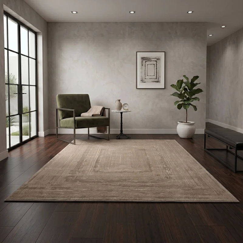 Premium Teppich Wohnzimmer Schlafzimmer Modern Hoch&Tief Bordüre – Kurzflor Teppich mit 3D Effekt